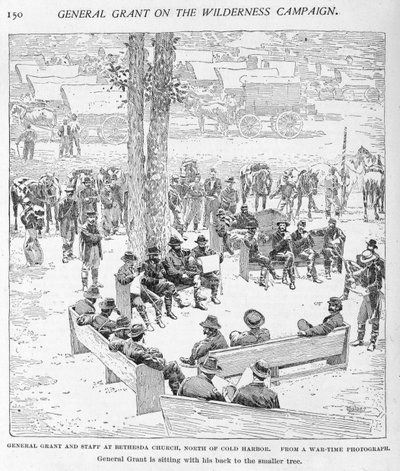 General Grant and Staff at Bethesda Church, North of Cold Harbour, engraved by J.W. Taber (fl.1850-1928) from a photograph, illustration from 